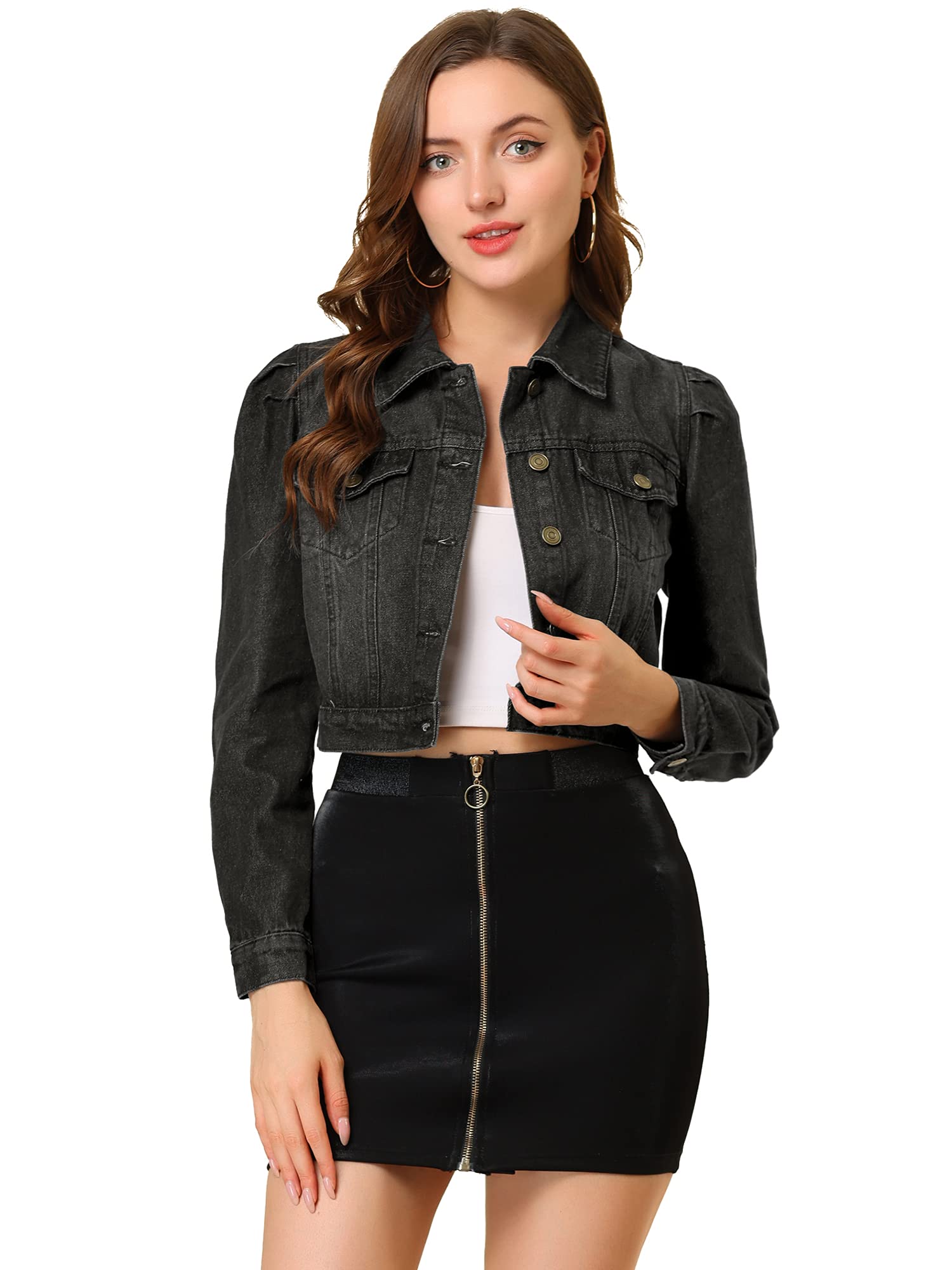 Black Cropped Denim Jacket with Button Details