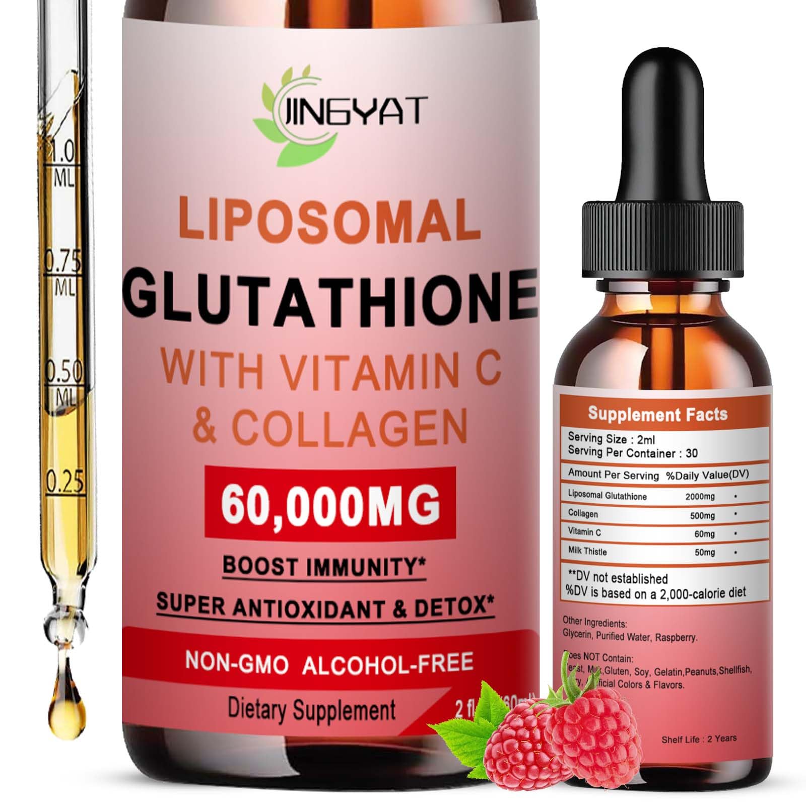 Liposomal Glutathione with Vitamin C & Collagen Supplement, 60,000mg, 2 fl oz, Non-GMO, Alcohol-Free, Raspberry Flavor