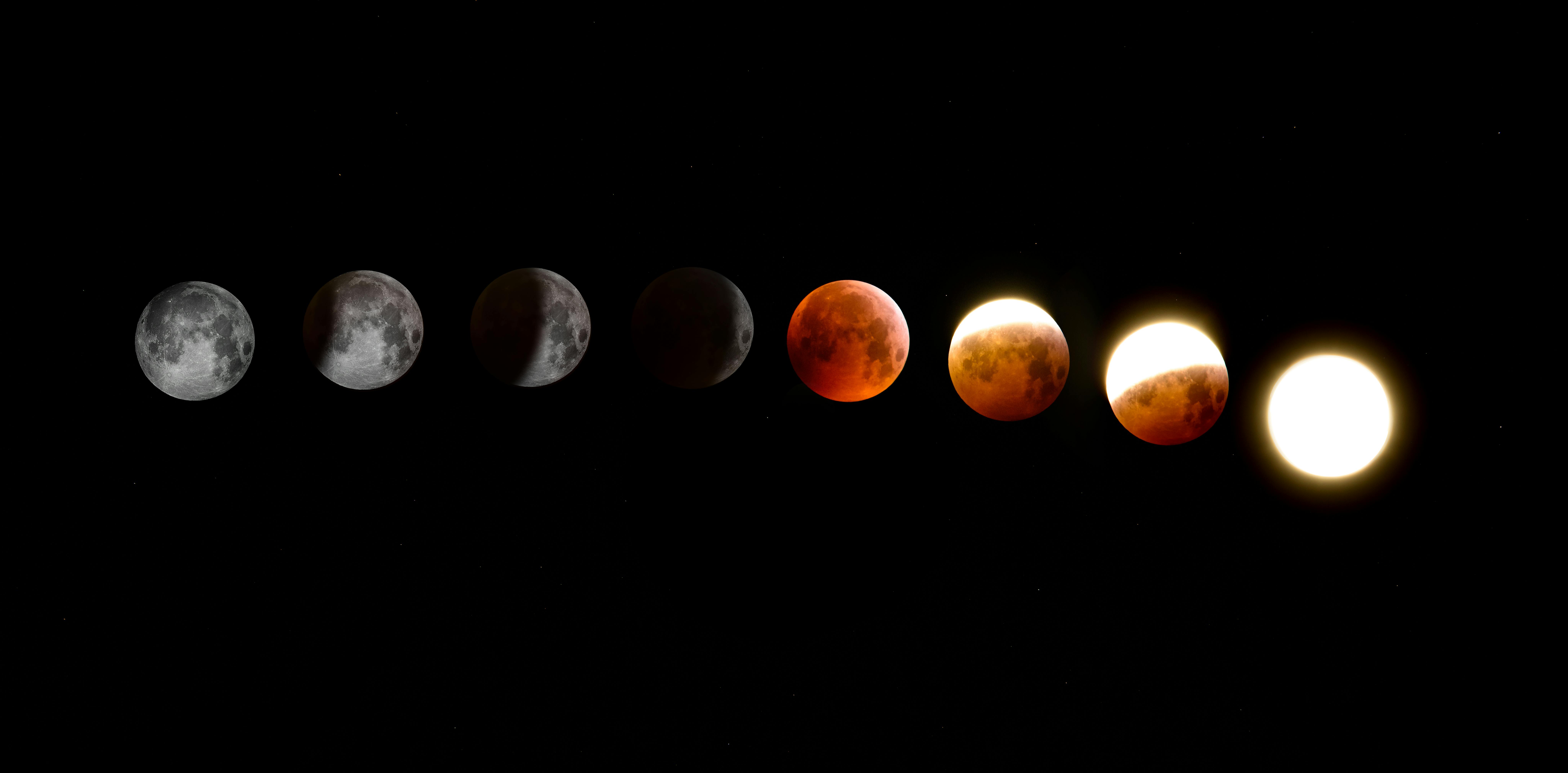 A stunning sequence of moon phases during a lunar eclipse, showcasing the transition from full moon to totality.